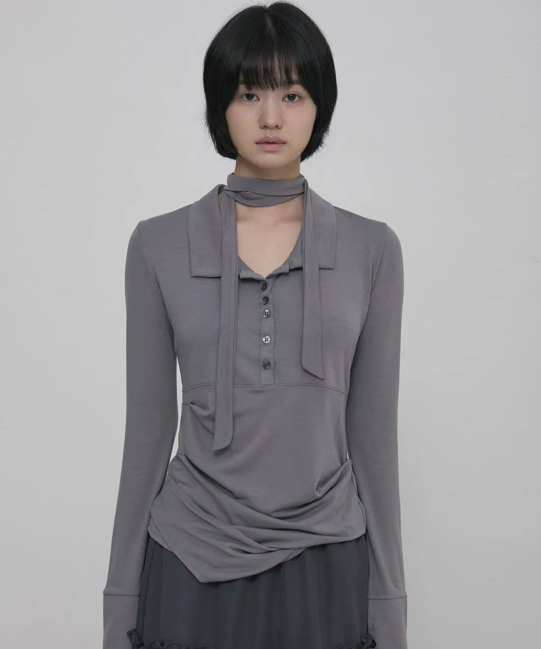 【Flare up】Asymmetrical Draped Shirt  [White / Black / Grey]