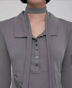 【Flare up】Asymmetrical Draped Shirt  [White / Black / Grey]
