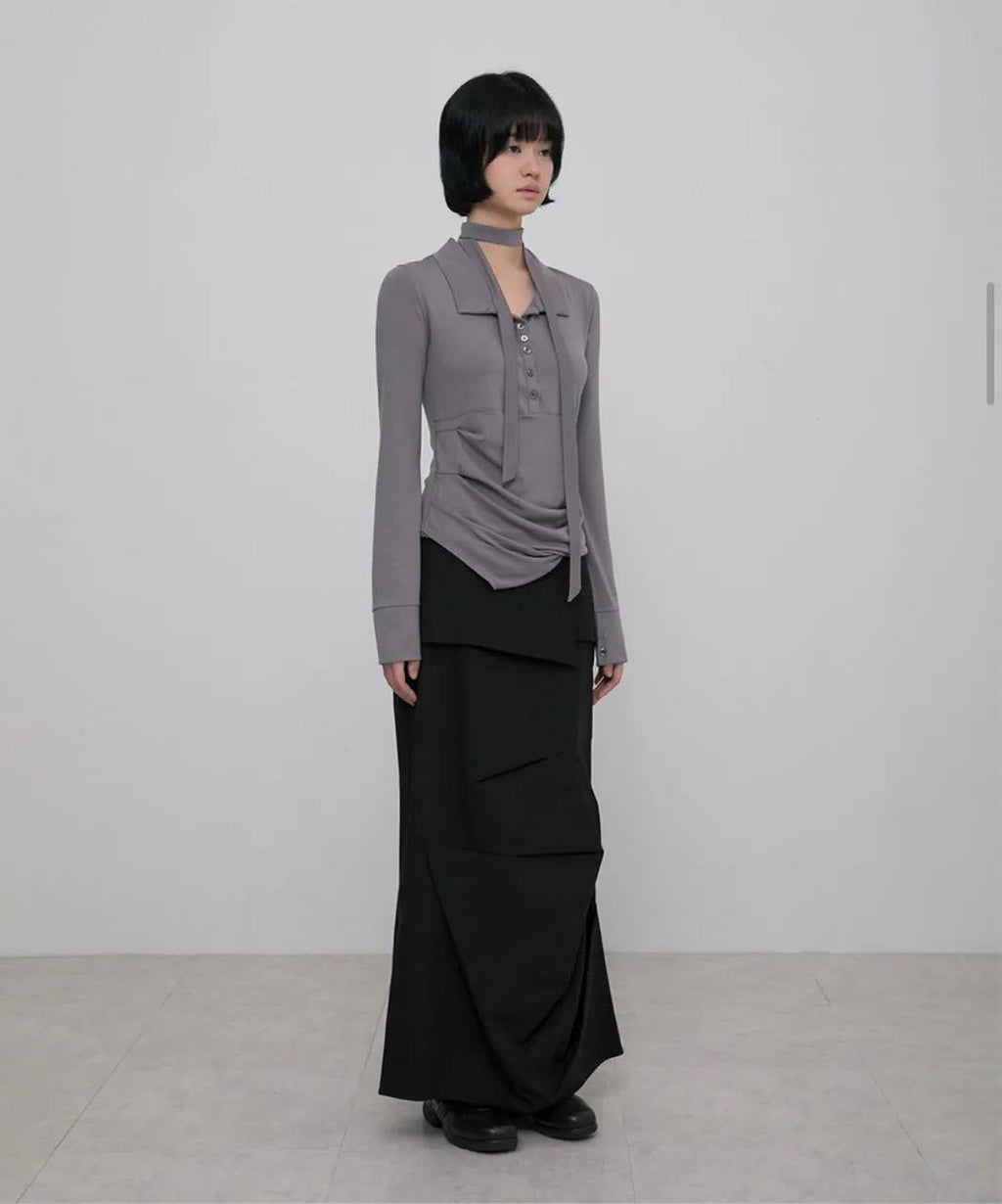 【Flare up】Asymmetrical Draped Shirt  [White / Black / Grey]
