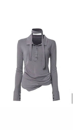 【Flare up】Asymmetrical Draped Shirt  [White / Black / Grey]