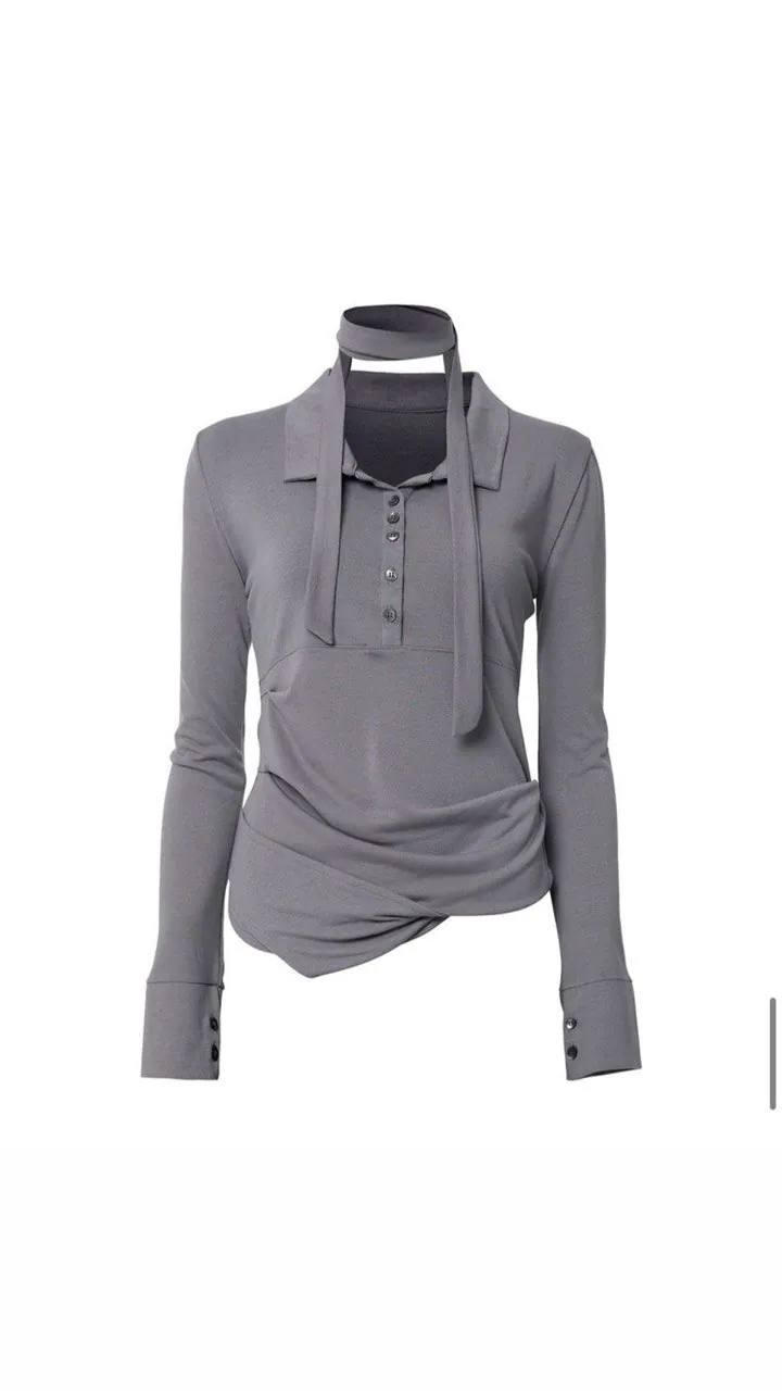 【Flare up】Asymmetrical Draped Shirt  [White / Black / Grey]