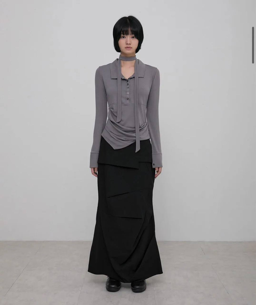 【Flare up】Asymmetrical Draped Shirt  [White / Black / Grey]