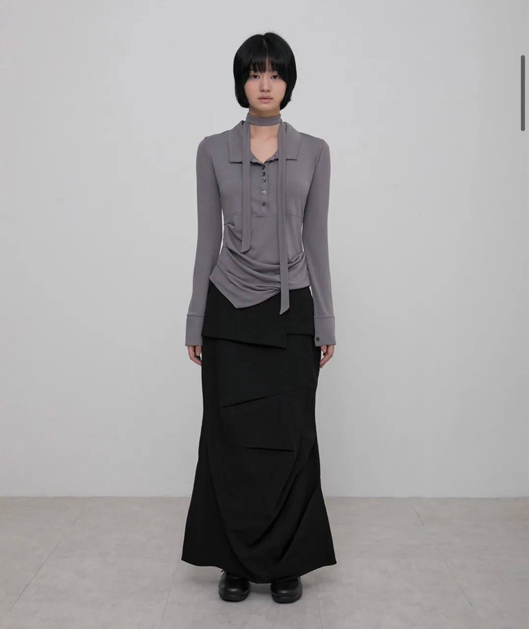 【Flare up】Asymmetrical Draped Shirt  [White / Black / Grey]