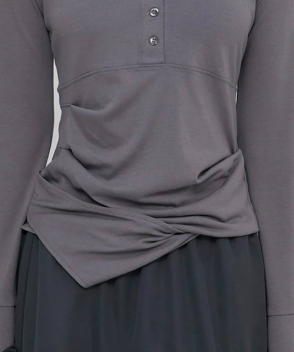 【Flare up】Asymmetrical Draped Shirt  [White / Black / Grey]