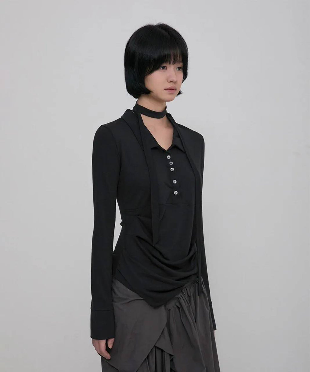 【Flare up】Asymmetrical Draped Shirt  [White / Black / Grey]