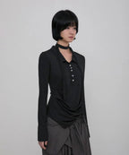 【Flare up】Asymmetrical Draped Shirt  [White / Black / Grey]