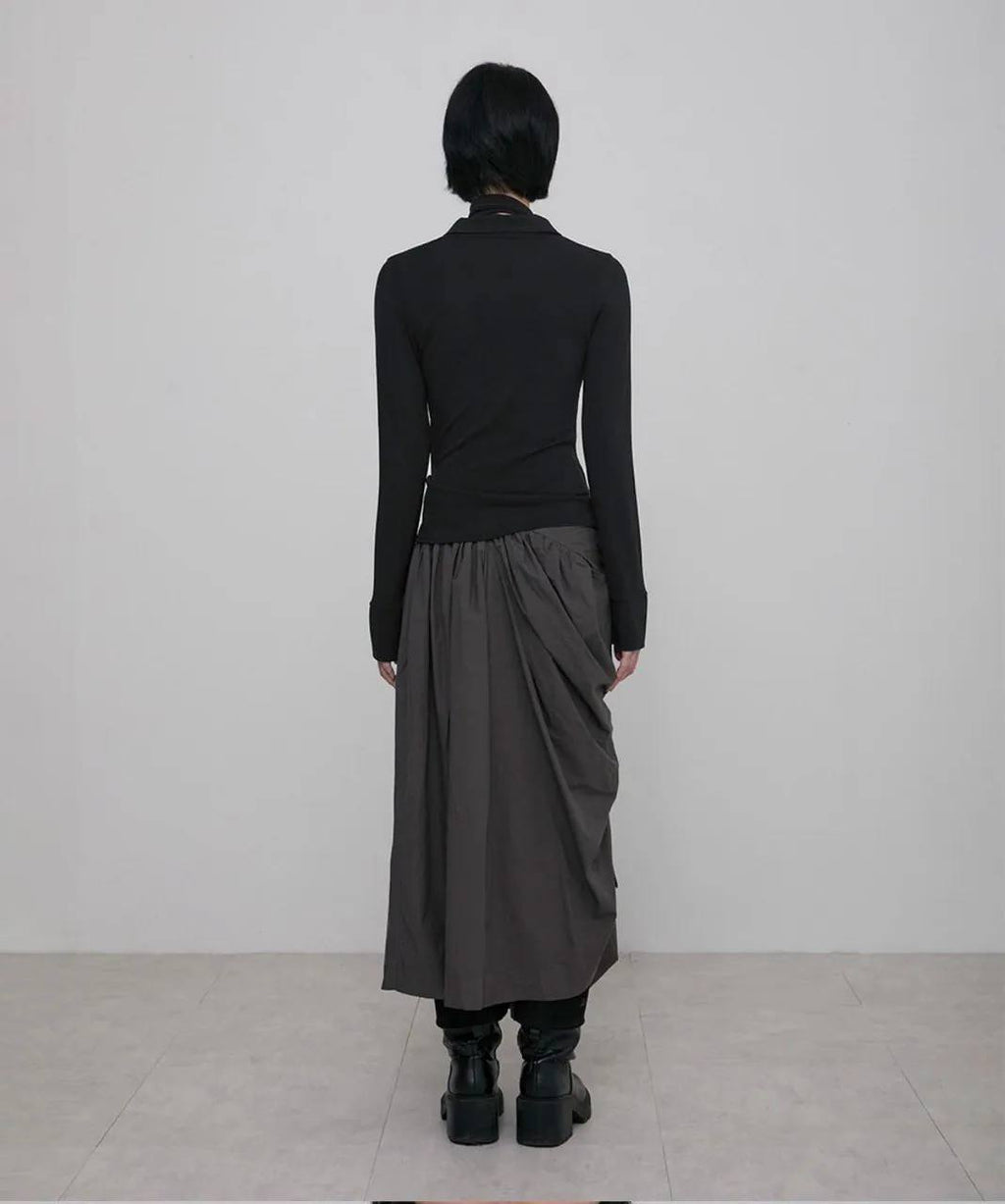 【Flare up】Asymmetrical Draped Shirt  [White / Black / Grey]