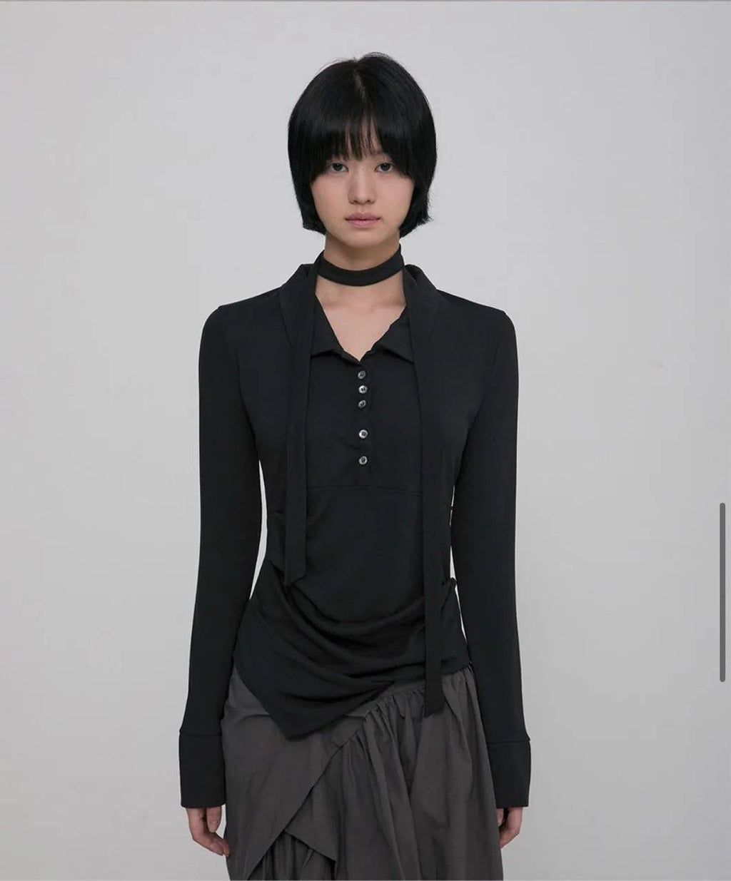 【Flare up】Asymmetrical Draped Shirt  [White / Black / Grey]