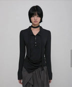 【Flare up】Asymmetrical Draped Shirt  [White / Black / Grey]