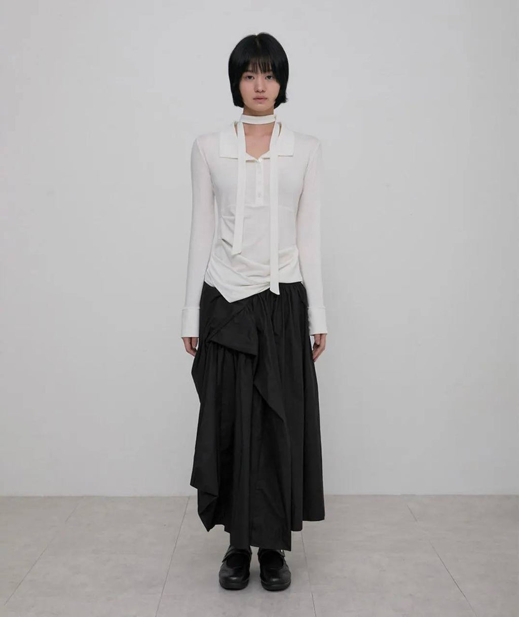 【Flare up】Asymmetrical Draped Shirt  [White / Black / Grey]