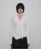 【Flare up】Asymmetrical Draped Shirt  [White / Black / Grey]