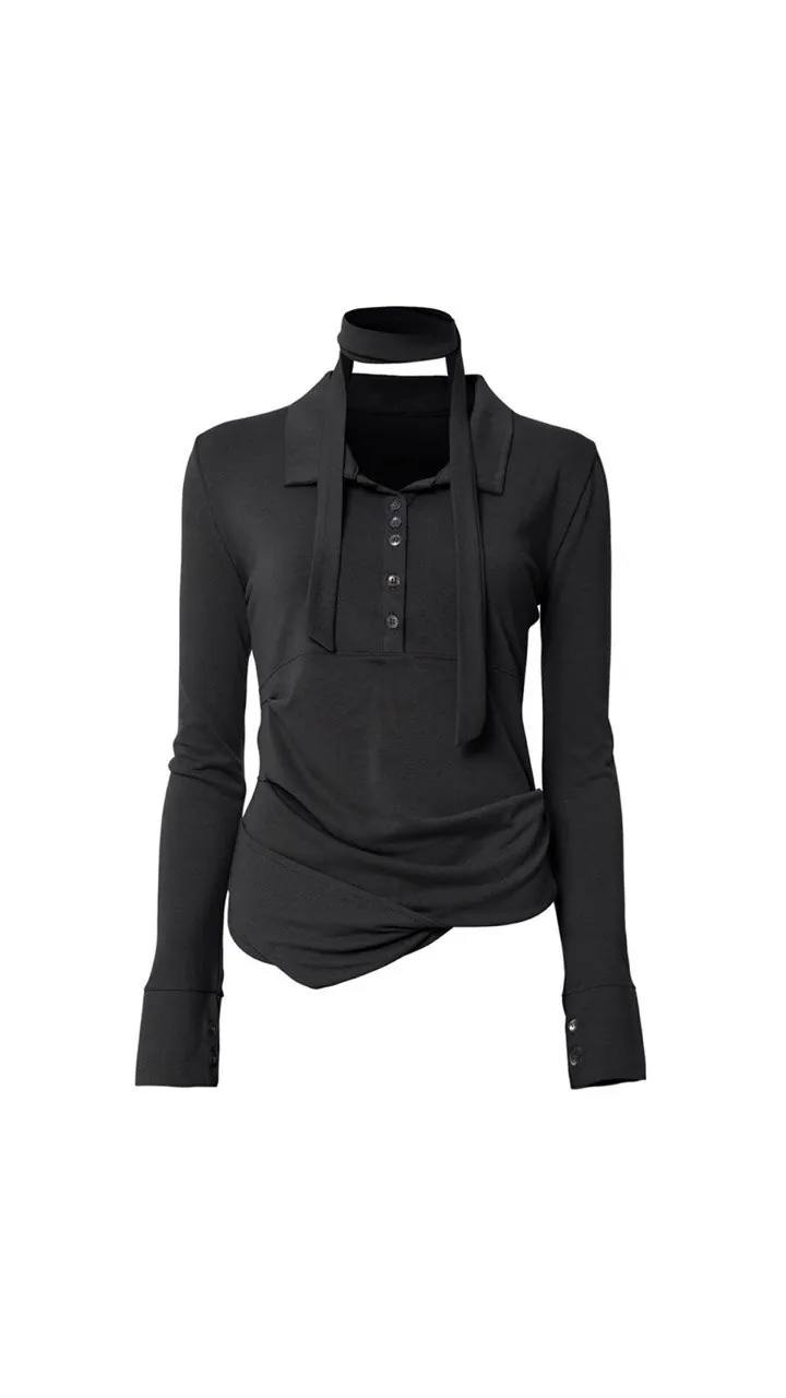 【Flare up】Asymmetrical Draped Shirt  [White / Black / Grey]