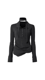 【Flare up】Asymmetrical Draped Shirt  [White / Black / Grey]