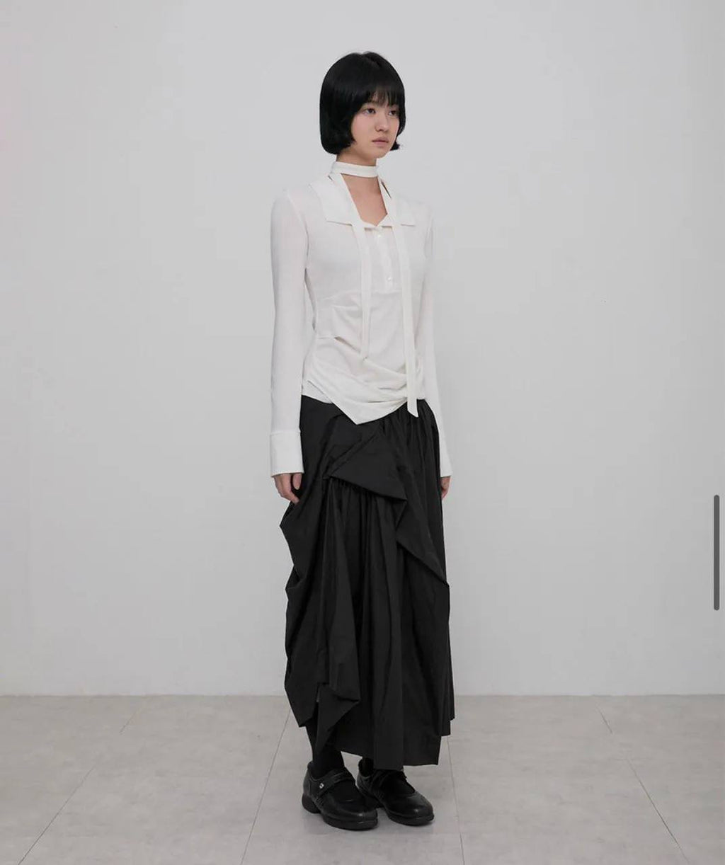 【Flare up】Asymmetrical Draped Shirt  [White / Black / Grey]