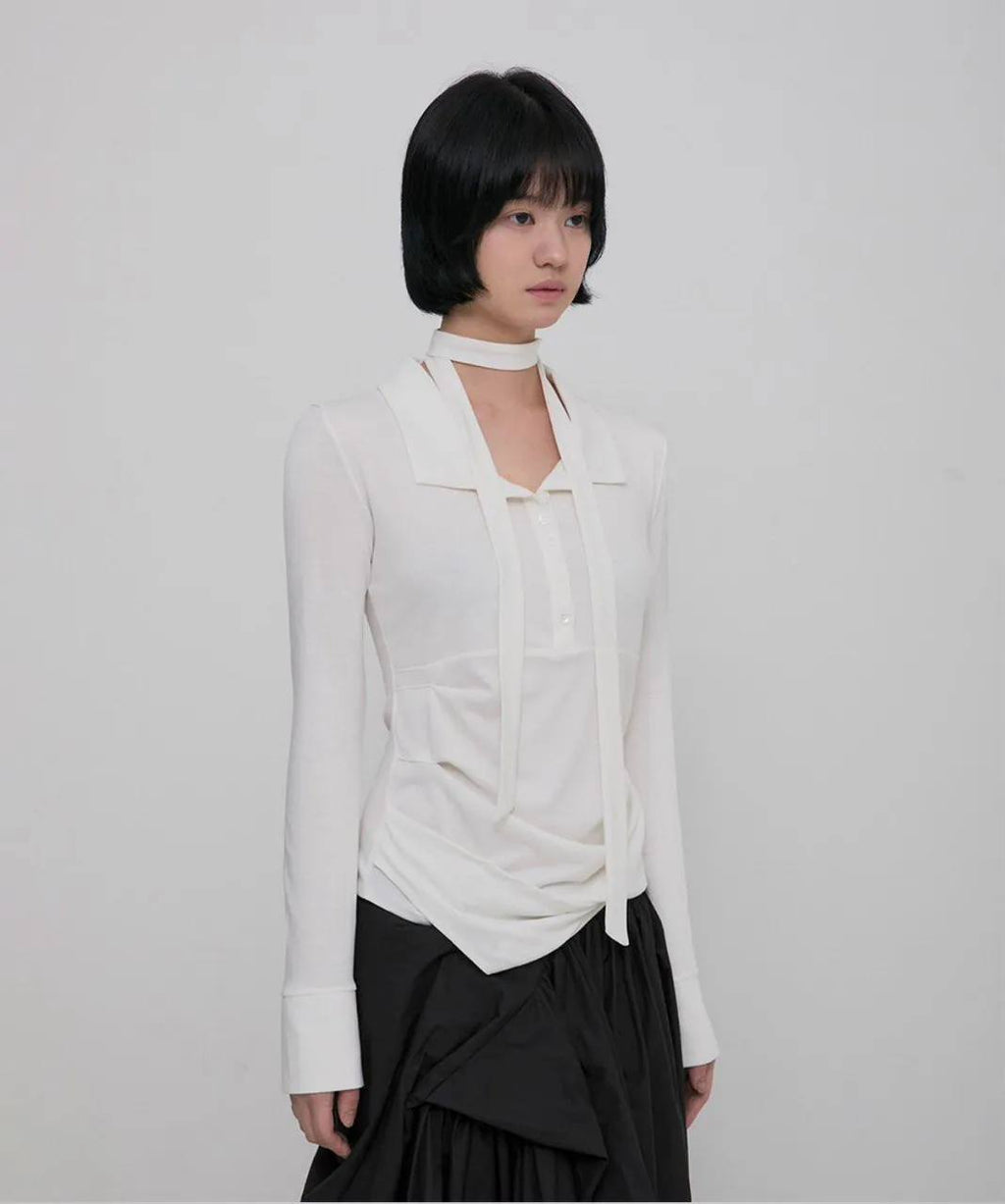 【Flare up】Asymmetrical Draped Shirt  [White / Black / Grey]