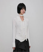 【Flare up】Asymmetrical Draped Shirt  [White / Black / Grey]