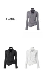 【Flare up】Asymmetrical Draped Shirt  [White / Black / Grey]