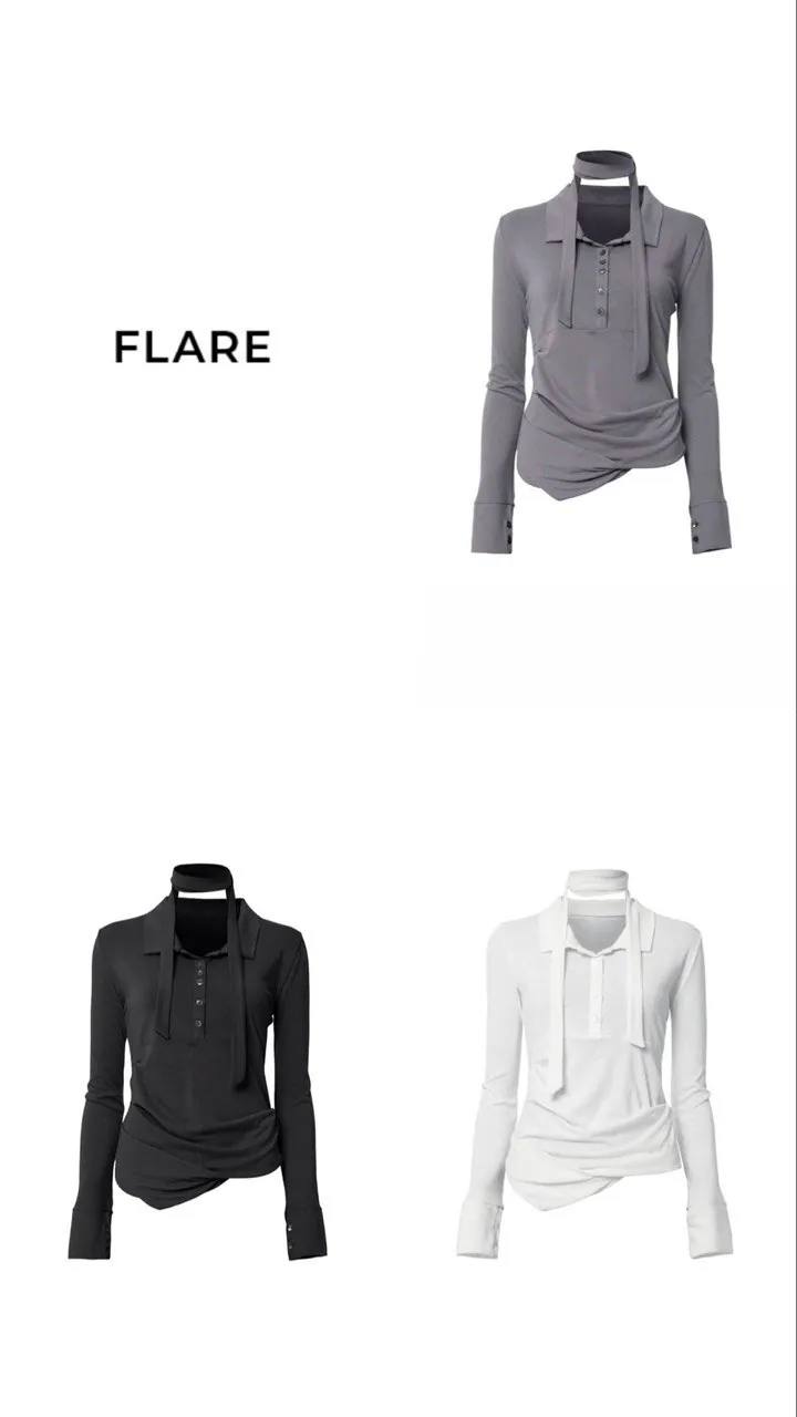 【Flare up】Asymmetrical Draped Shirt  [White / Black / Grey]