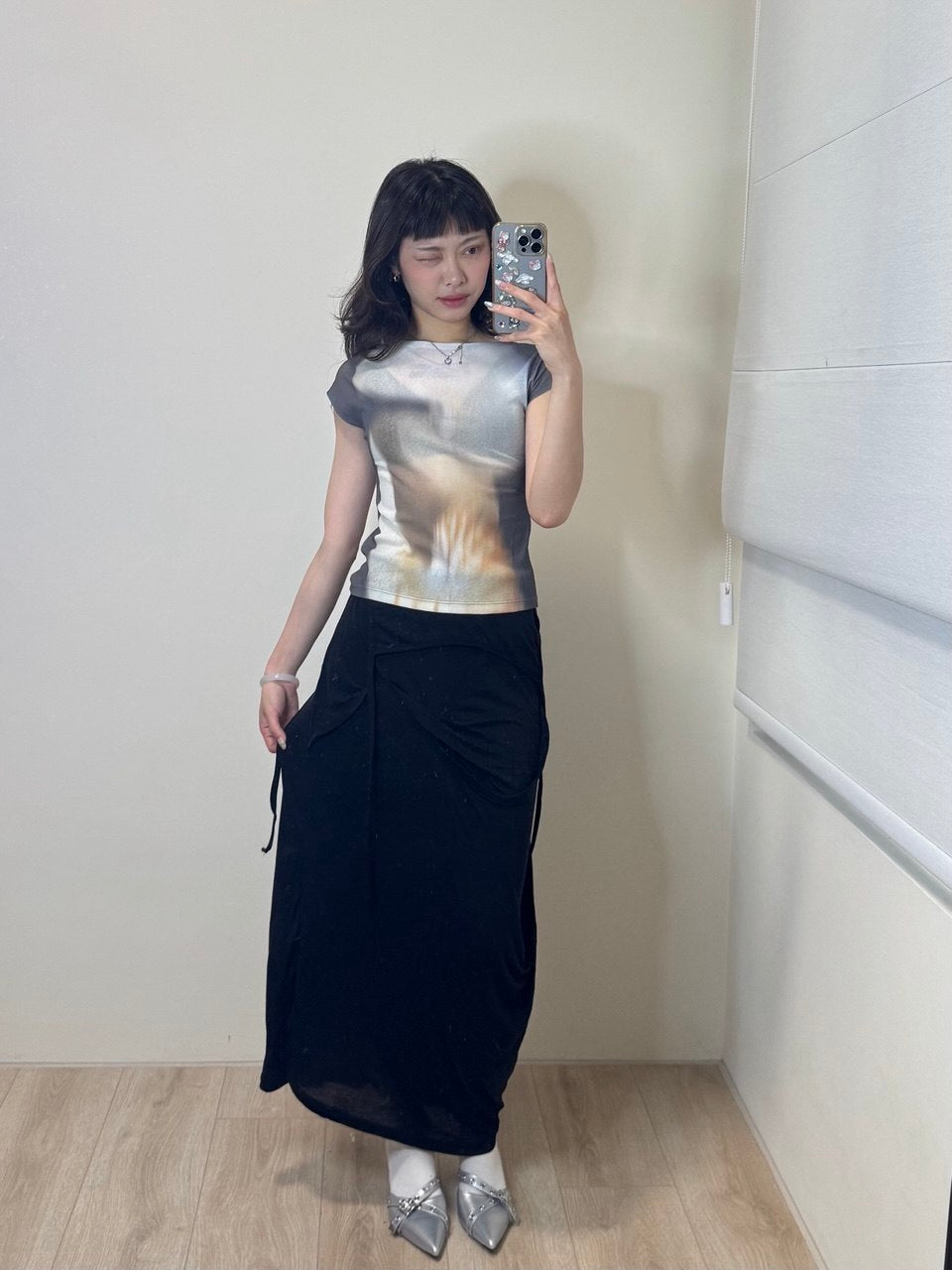 【Flare up】 Asymmetrical Draped Long Skirt [Black / Charcoal]