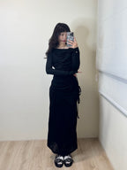 【Flare up】 Asymmetrical Draped Long Skirt [Black / Charcoal]