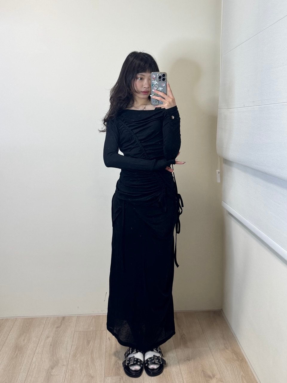 【Flare up】 Asymmetrical Draped Long Skirt [Black / Charcoal]