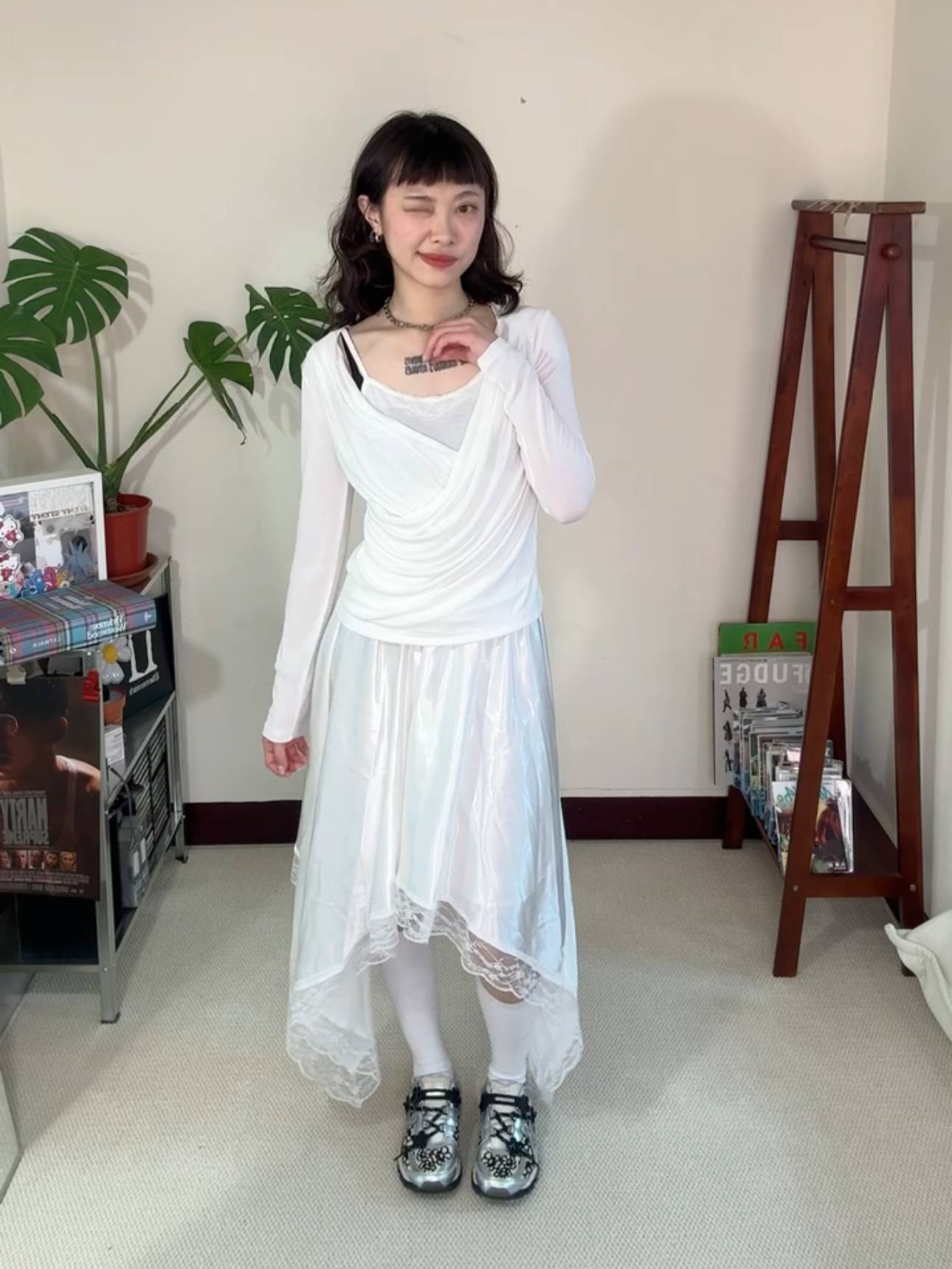 抓皺假兩件蕾絲上衣