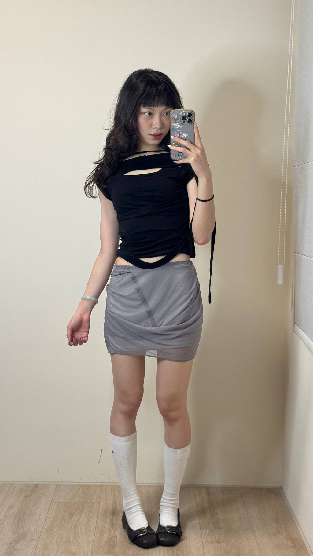 【Flare up】Draped Mesh Layered Mini Skirt [Black / Gray]