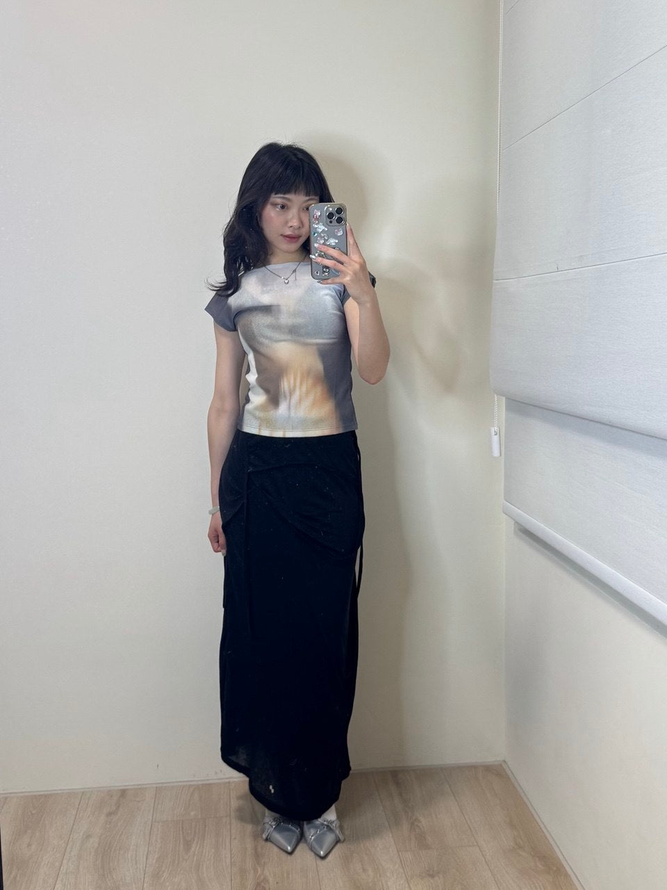 【kijun】Print Cap Sleeve Top [Blue / Charcoal]