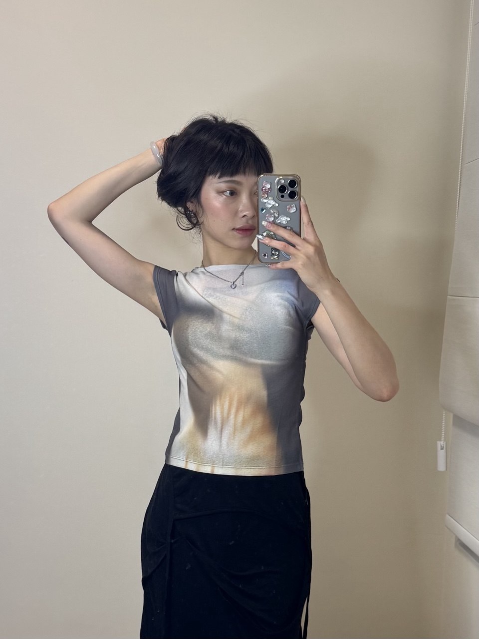 【kijun】Print Cap Sleeve Top [Blue / Charcoal]