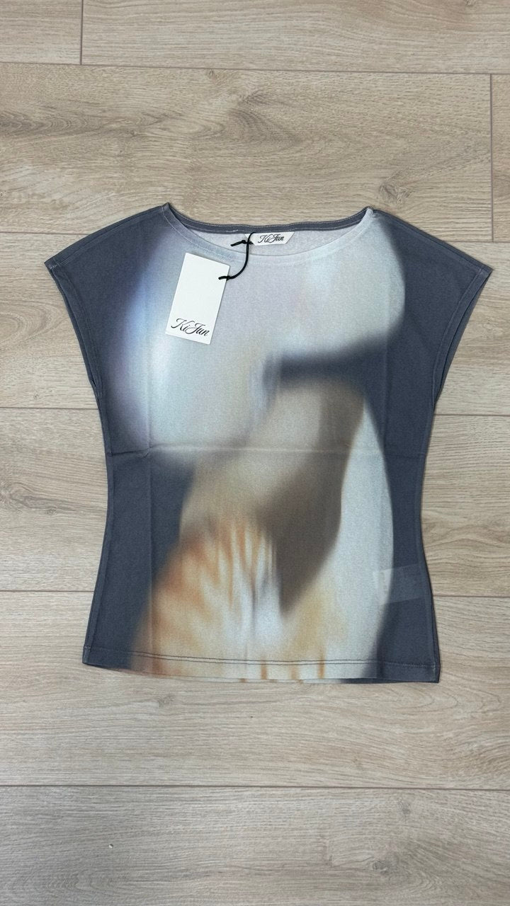 【kijun】Print Cap Sleeve Top [Blue / Charcoal]