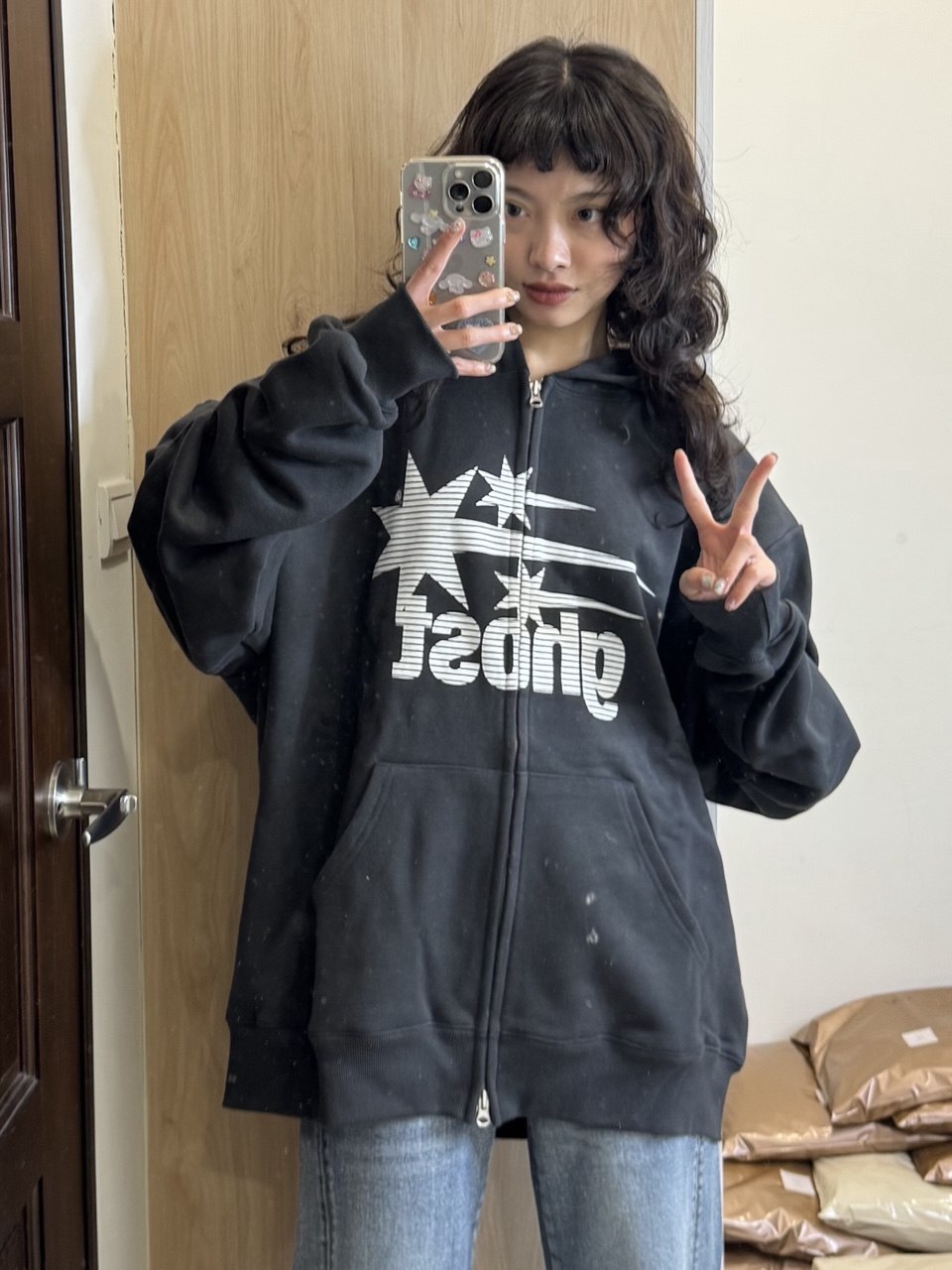 【niceghostclub】 ghost 3star hoodie zip up [charcoal / navy]