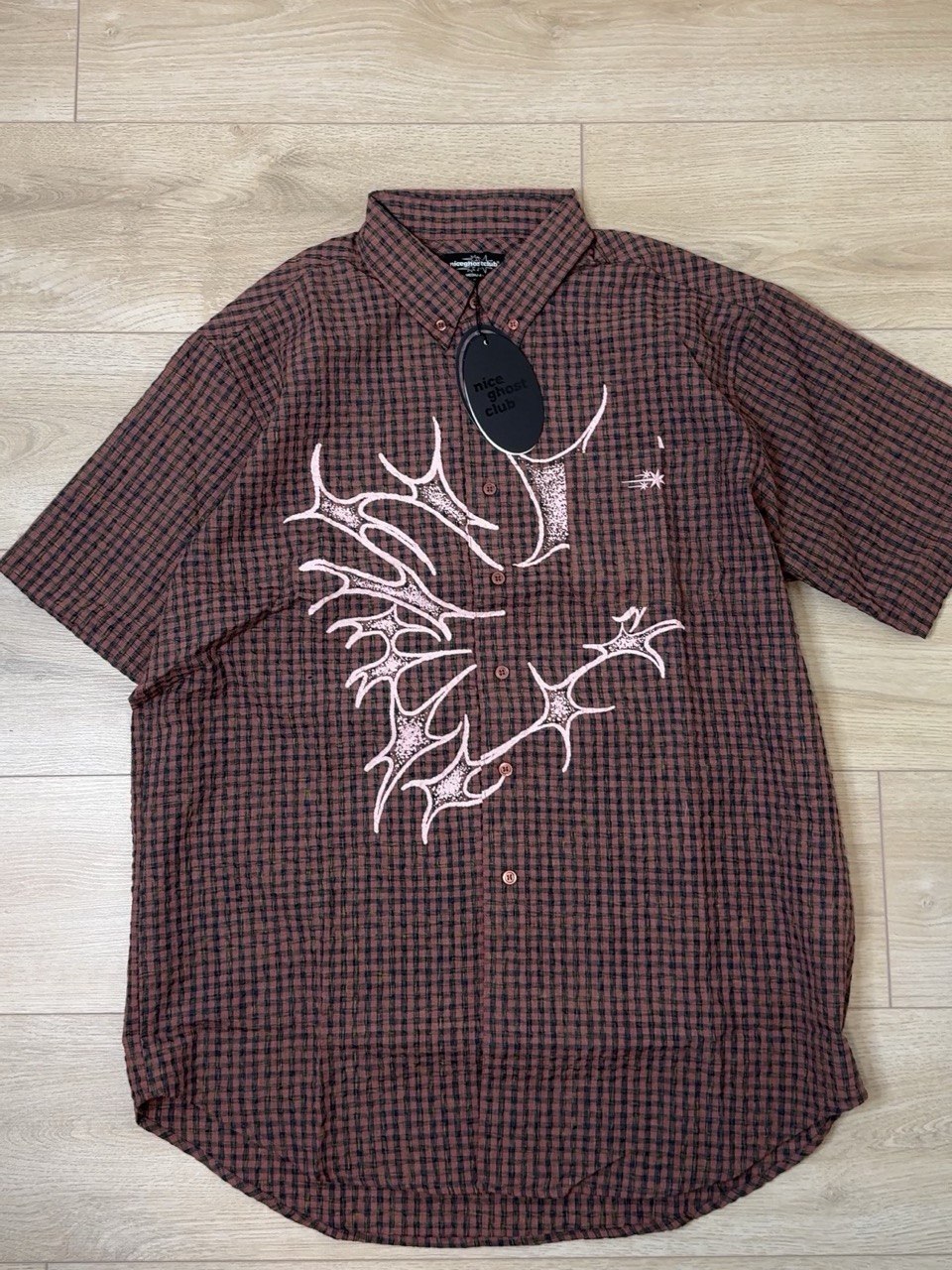 【niceghostclub】tornado star check big big half shirt [ grey / brown ]