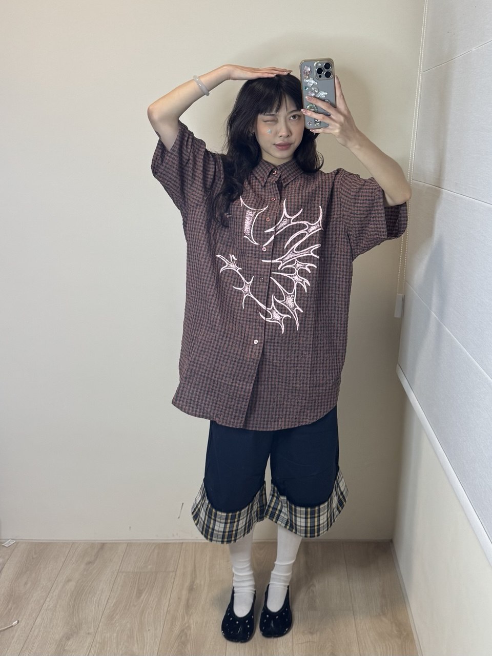 【niceghostclub】tornado star check big big half shirt [ grey / brown ]