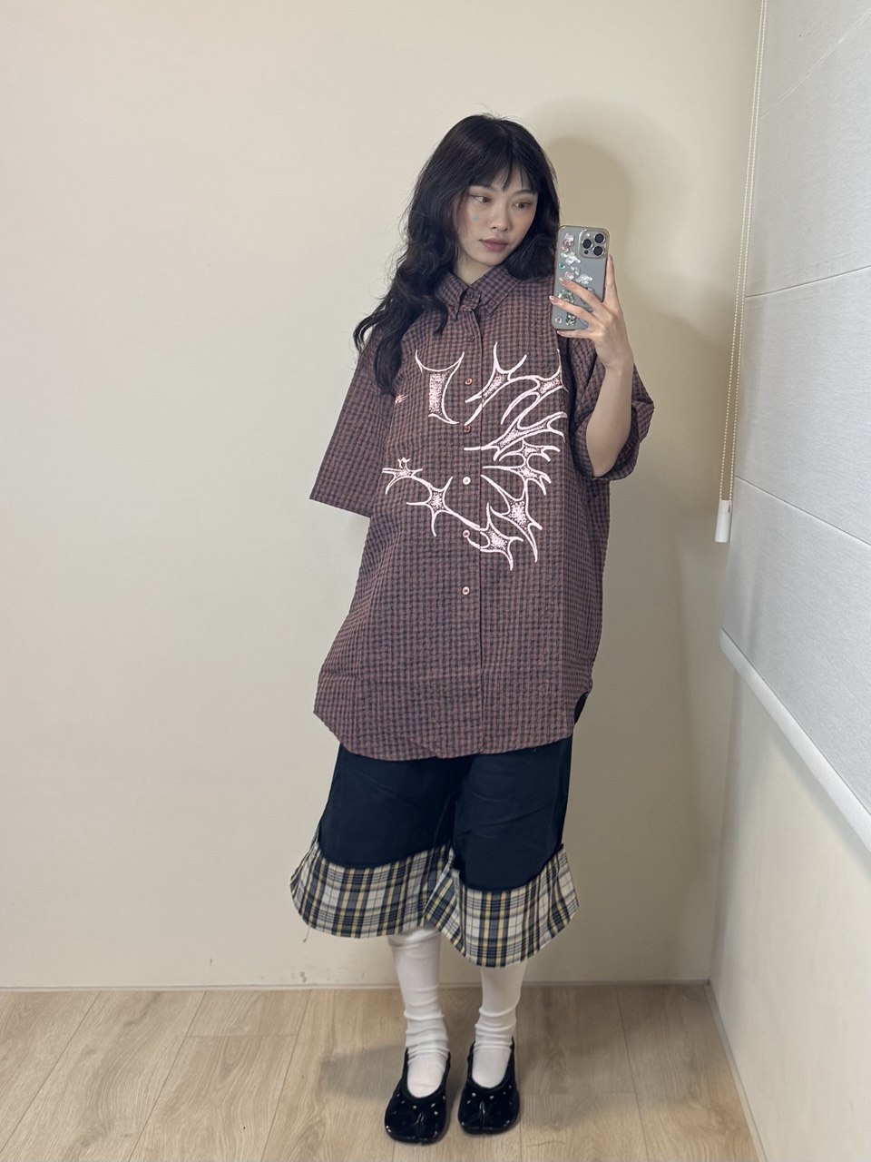 【niceghostclub】tornado star check big big half shirt [ grey / brown ]