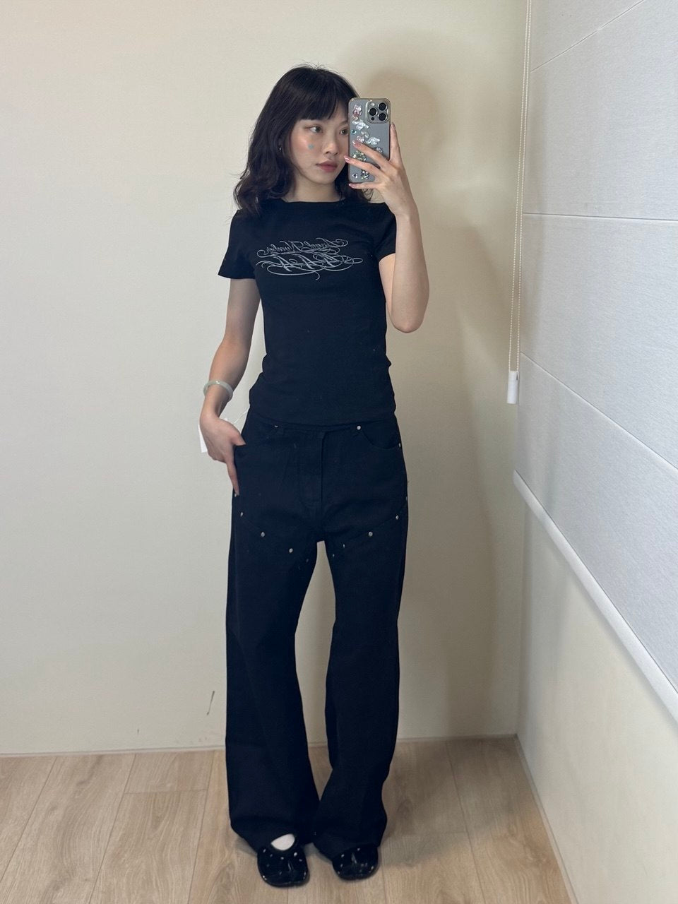 鉚釘線直筒牛仔褲  [White / Black]