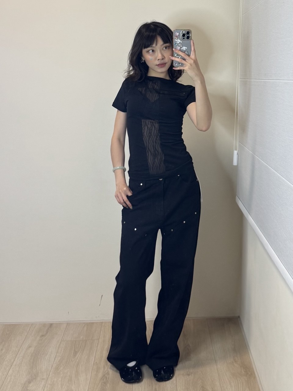 鉚釘線直筒牛仔褲  [White / Black]