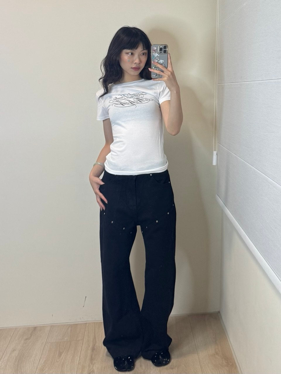 鉚釘線直筒牛仔褲  [White / Black]
