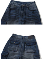 【NOT4NERD】Dirty Washed Parachute Cargo Denim Pants - Deep Blue