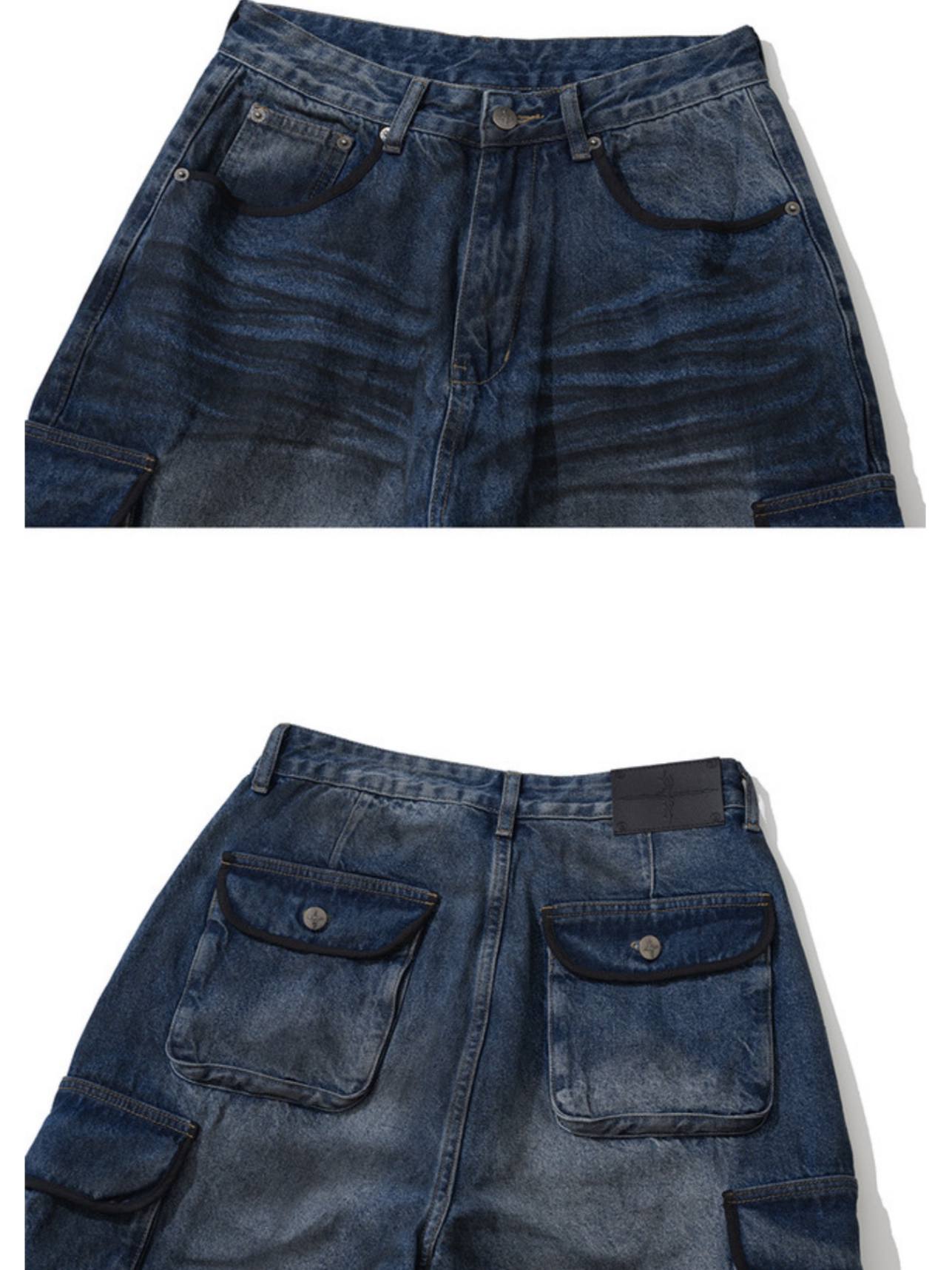【NOT4NERD】Dirty Washed Parachute Cargo Denim Pants - Deep Blue