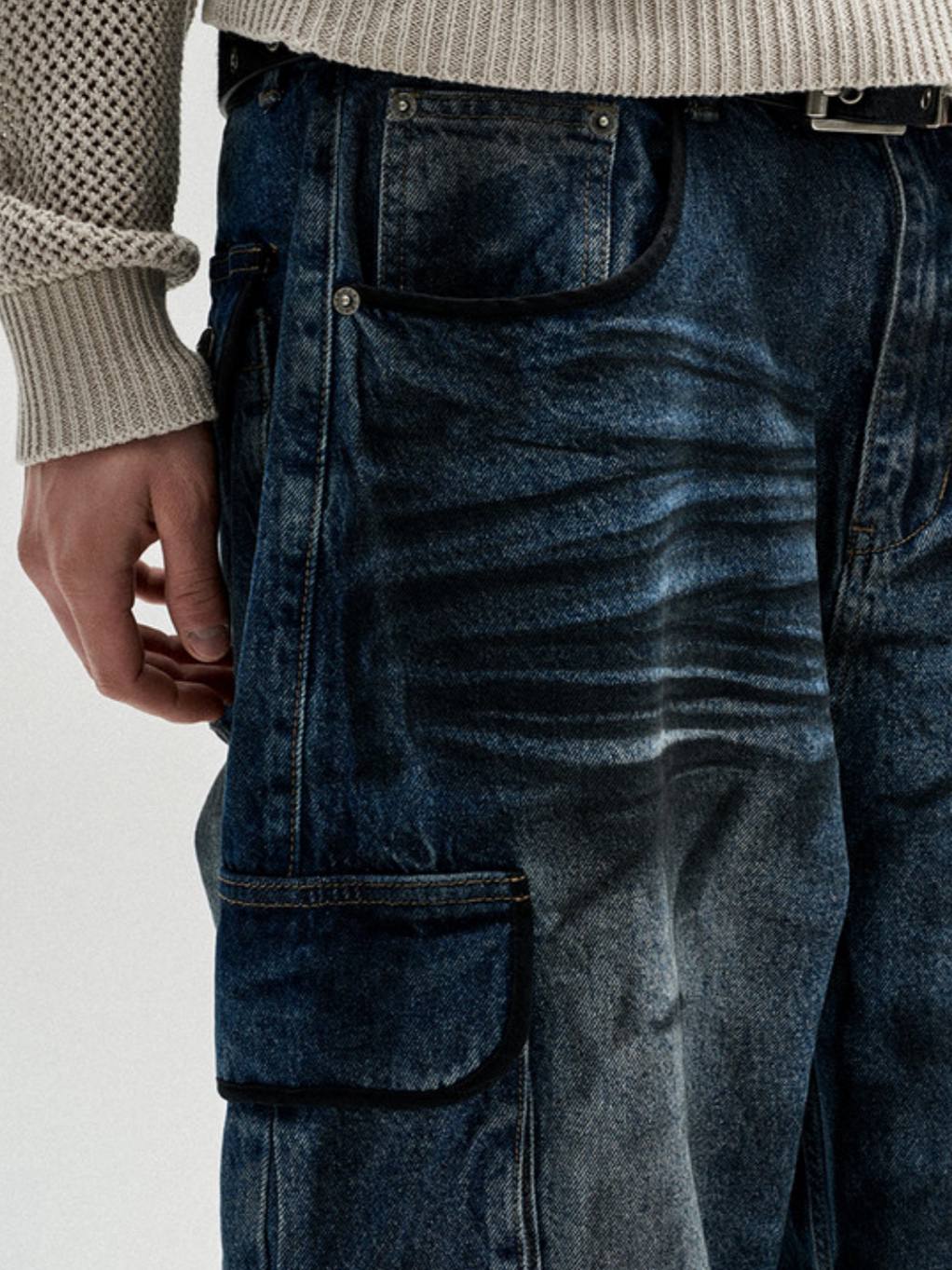 【NOT4NERD】Dirty Washed Parachute Cargo Denim Pants - Deep Blue