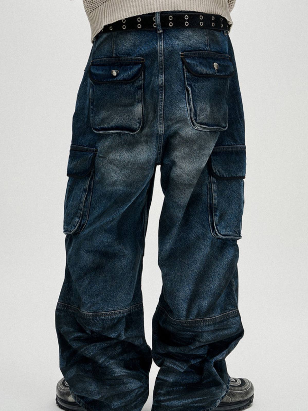 【NOT4NERD】Dirty Washed Parachute Cargo Denim Pants - Deep Blue