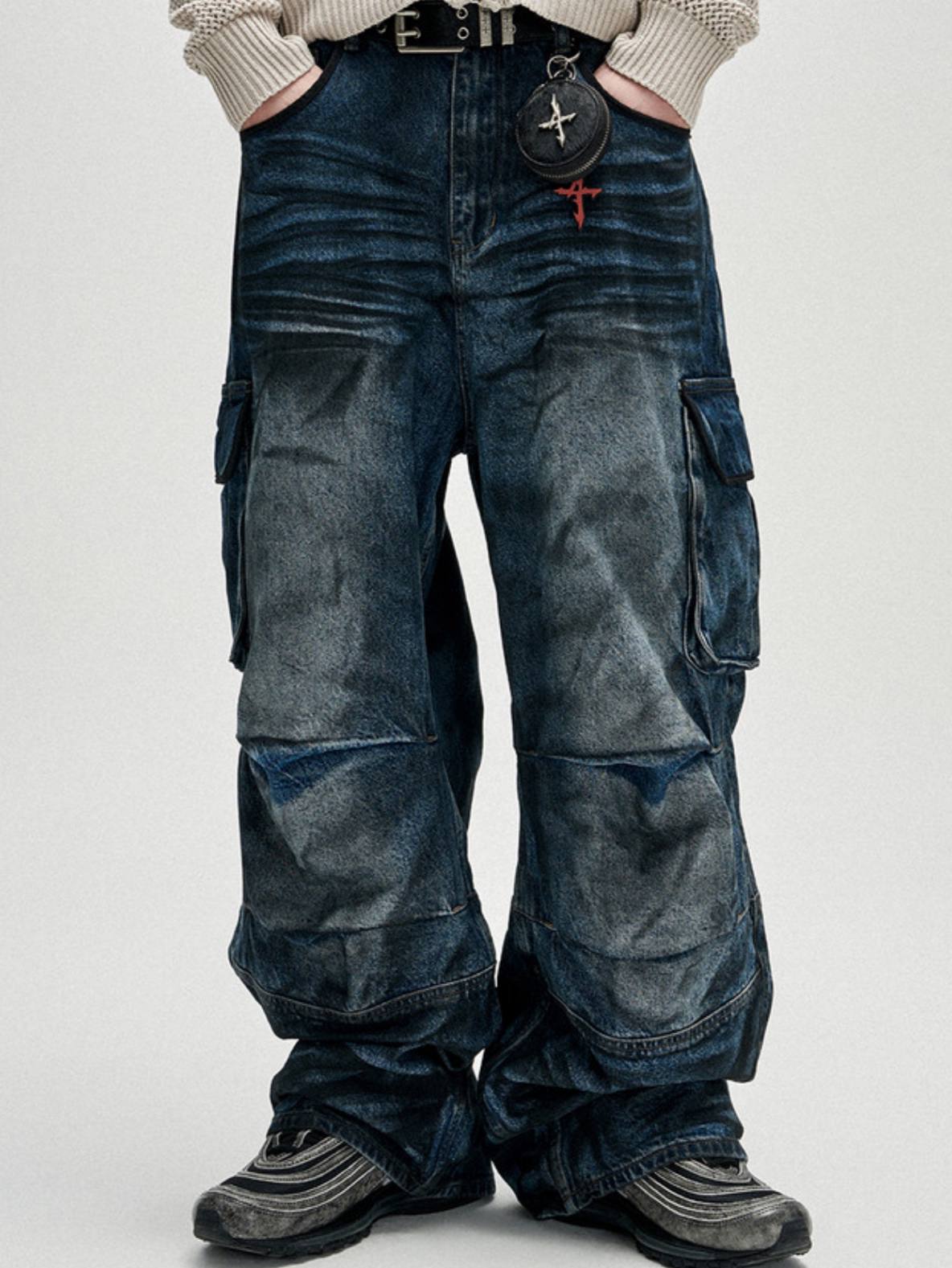 【NOT4NERD】Dirty Washed Parachute Cargo Denim Pants - Deep Blue