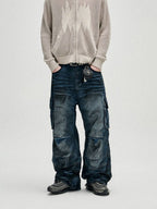 【NOT4NERD】Dirty Washed Parachute Cargo Denim Pants - Deep Blue