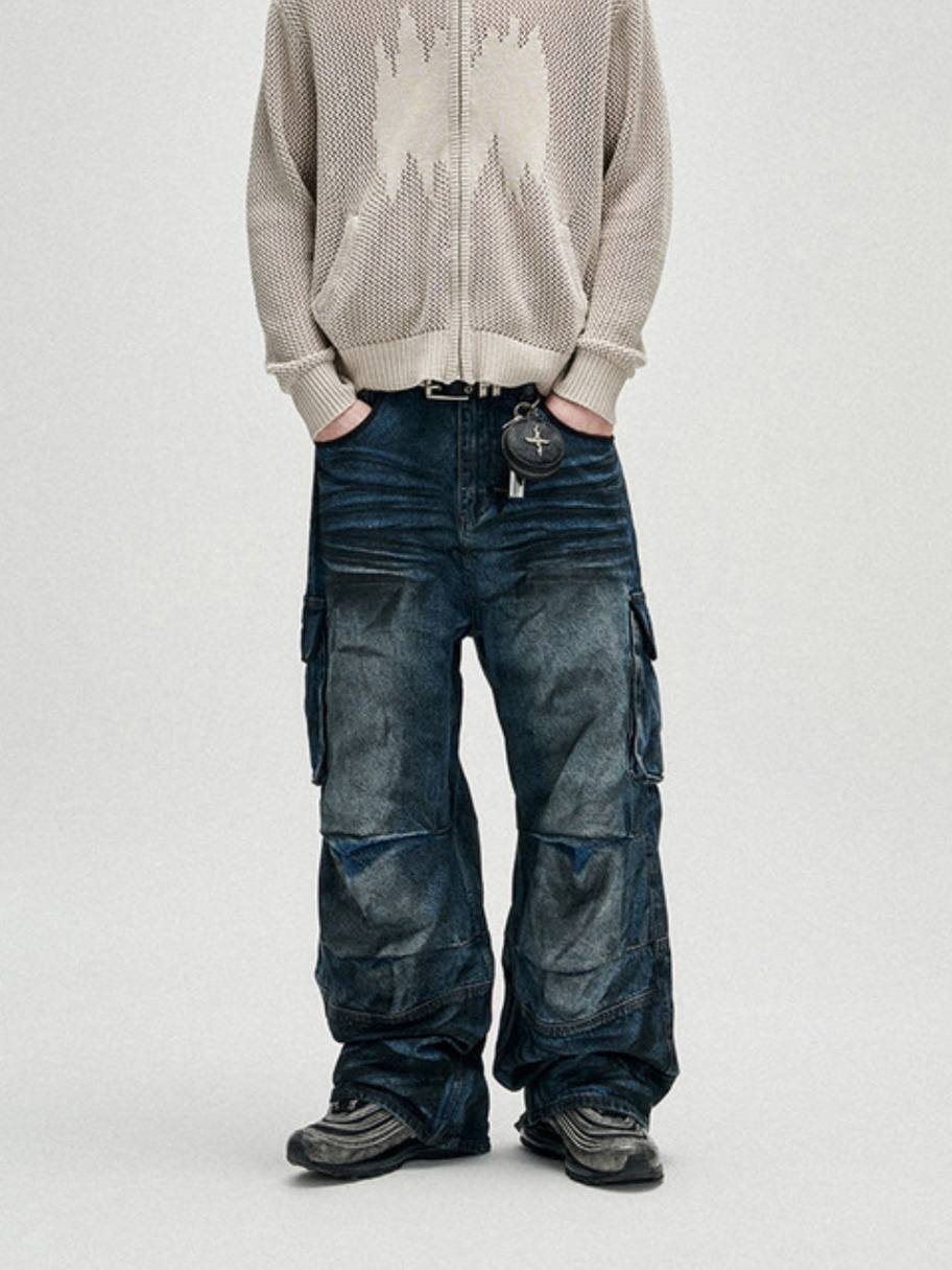 【NOT4NERD】Dirty Washed Parachute Cargo Denim Pants - Deep Blue