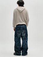 【NOT4NERD】Dirty Washed Parachute Cargo Denim Pants - Deep Blue