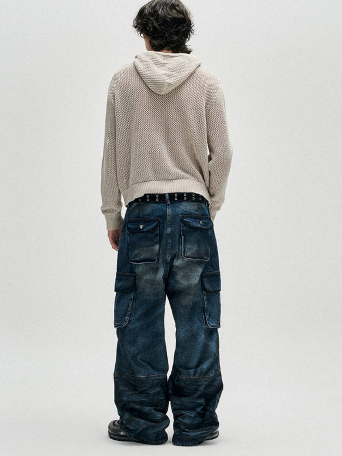 【NOT4NERD】Dirty Washed Parachute Cargo Denim Pants - Deep Blue