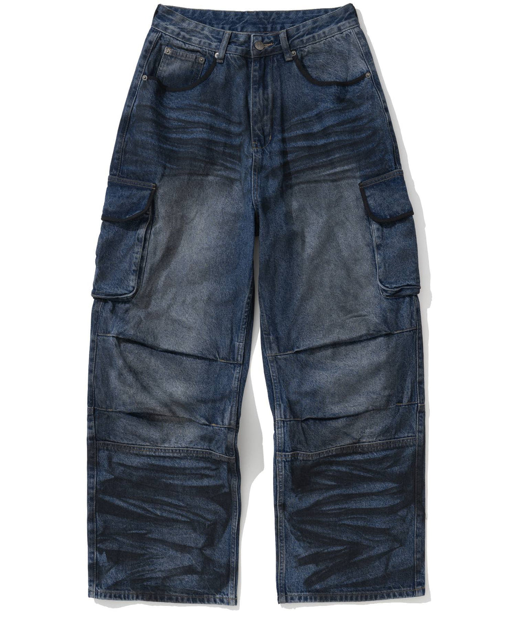 【NOT4NERD】Dirty Washed Parachute Cargo Denim Pants - Deep Blue
