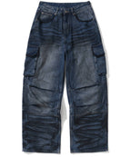 【NOT4NERD】Dirty Washed Parachute Cargo Denim Pants - Deep Blue