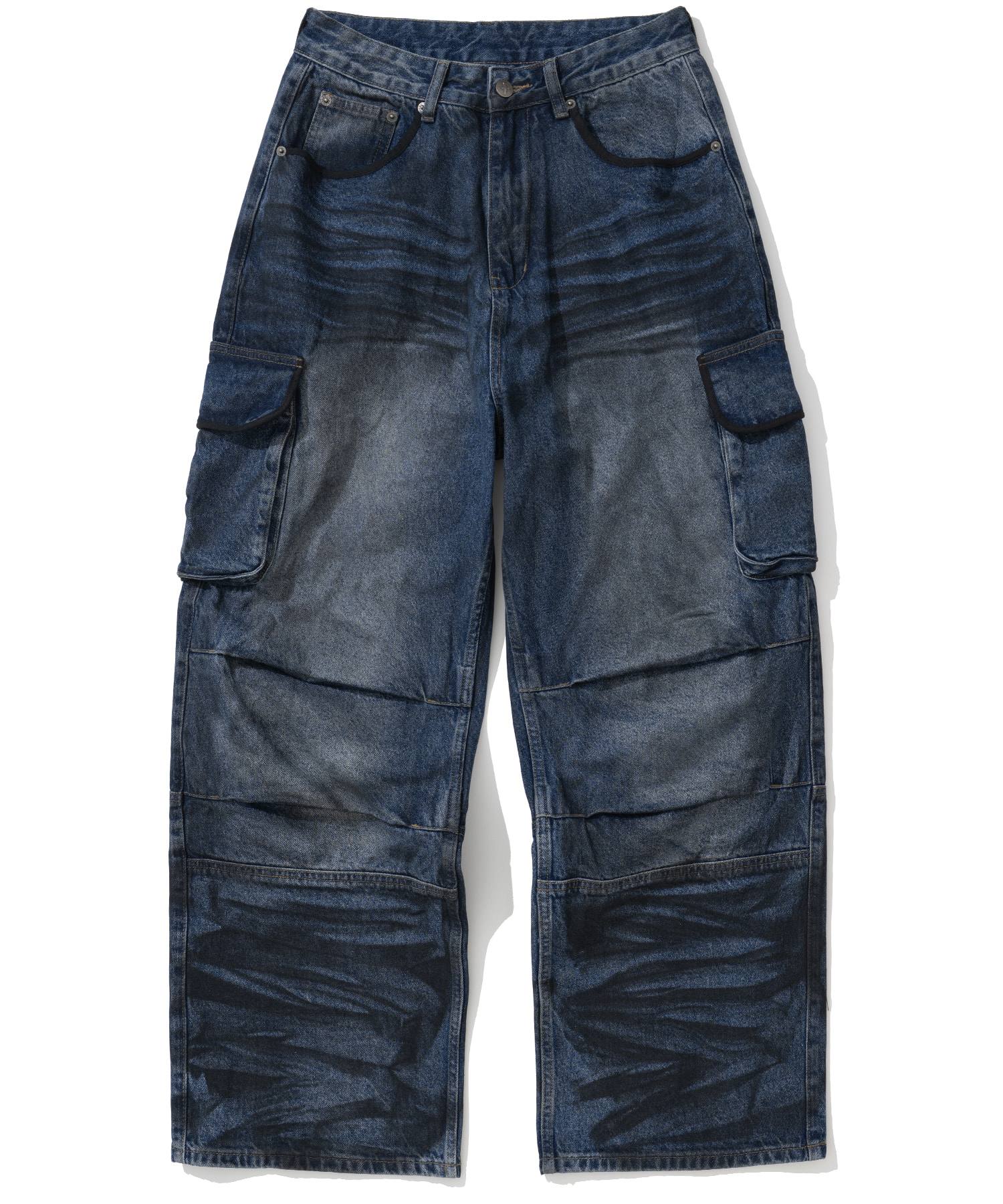 【NOT4NERD】Dirty Washed Parachute Cargo Denim Pants - Deep Blue