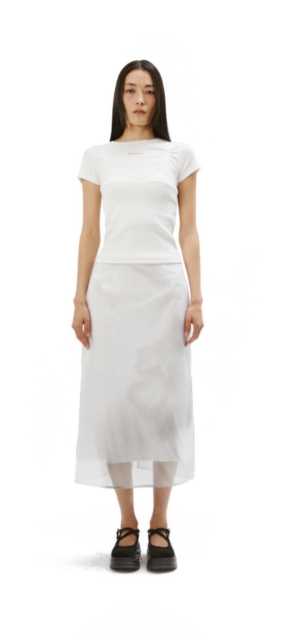 【3hreeto8ighty】Printed Organza Layered Skirt - White